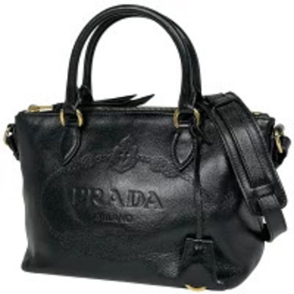 Prada Handbags - Prada Glace Calfskin Embossed Logo Tote black smooth leather Black